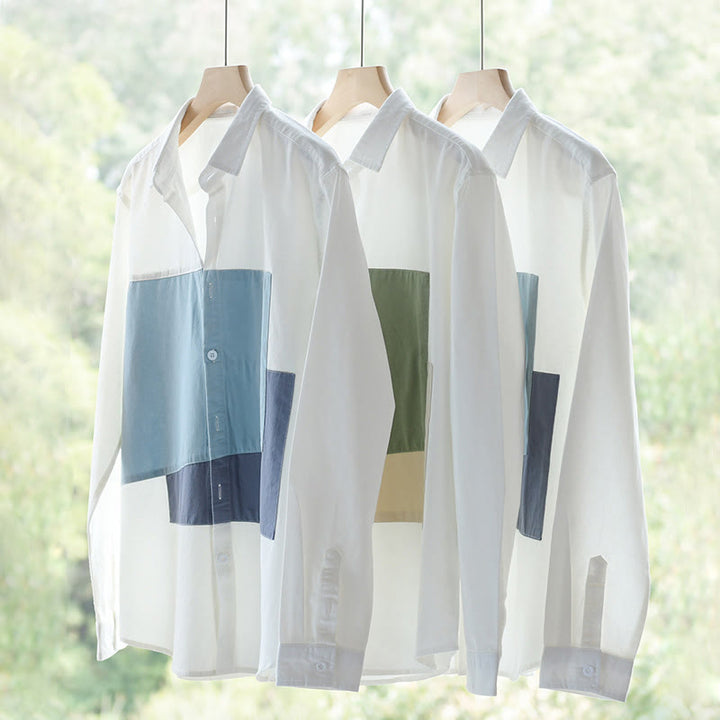 Camicia da uomo in cotone e lino con tasche, maniche lunghe, bottoni, risvolto a contrasto, cuciture primaverili Buddha Stones - image 15