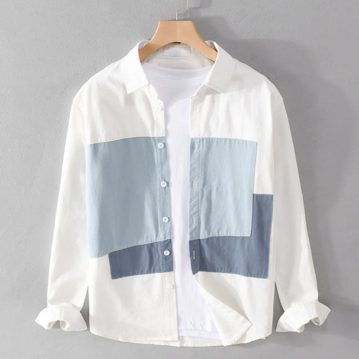 Camicia da uomo in cotone e lino con tasche, maniche lunghe, bottoni, risvolto a contrasto, cuciture primaverili Buddha Stones - Azzurro chiaro - US/UK/AU42, EU52 (3XL) - image 0