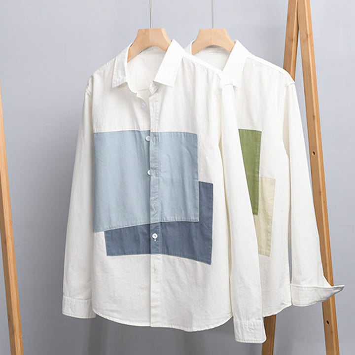 Camicia da uomo in cotone e lino con tasche, maniche lunghe, bottoni, risvolto a contrasto, cuciture primaverili Buddha Stones - image 14