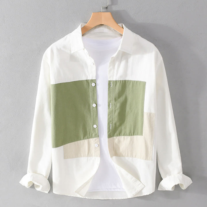 Camicia da uomo in cotone e lino con tasche, maniche lunghe, bottoni, risvolto a contrasto, cuciture primaverili Buddha Stones - GialloVerde - US/UK/AU42, EU52 (3XL) - image 10