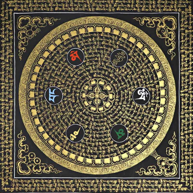 Buddha Stones , pittura tibetana Thangka, Om Mani Padme Hum, scrittura, decorazione fatta a mano (stile casuale)