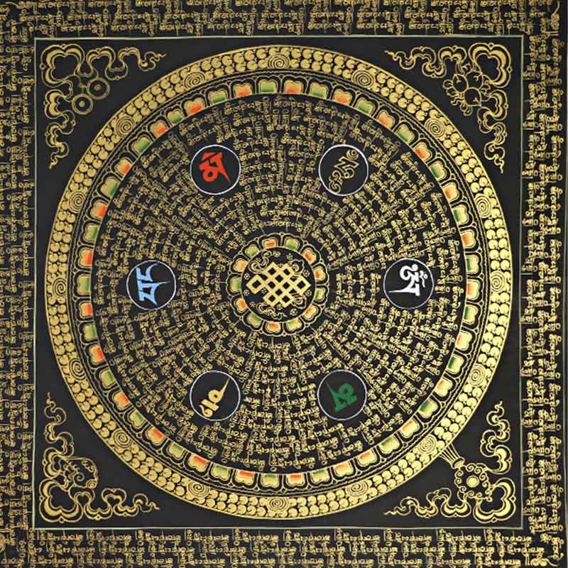 Buddha Stones , pittura tibetana Thangka, Om Mani Padme Hum, scrittura, decorazione fatta a mano (stile casuale)