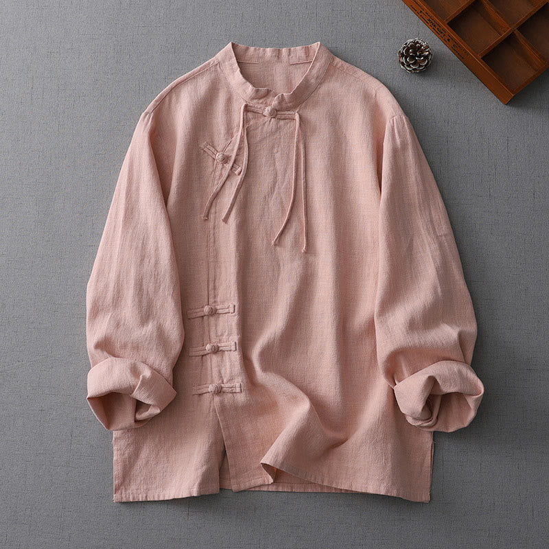 Camicia da donna in cotone e lino a maniche lunghe con colletto alto, motivo vintage cinese con bottoni a forma di rana, Buddha Stones - Salmone Scuro - US8-10, UK/AU12-14, EU40-42 (2XL) - image 0