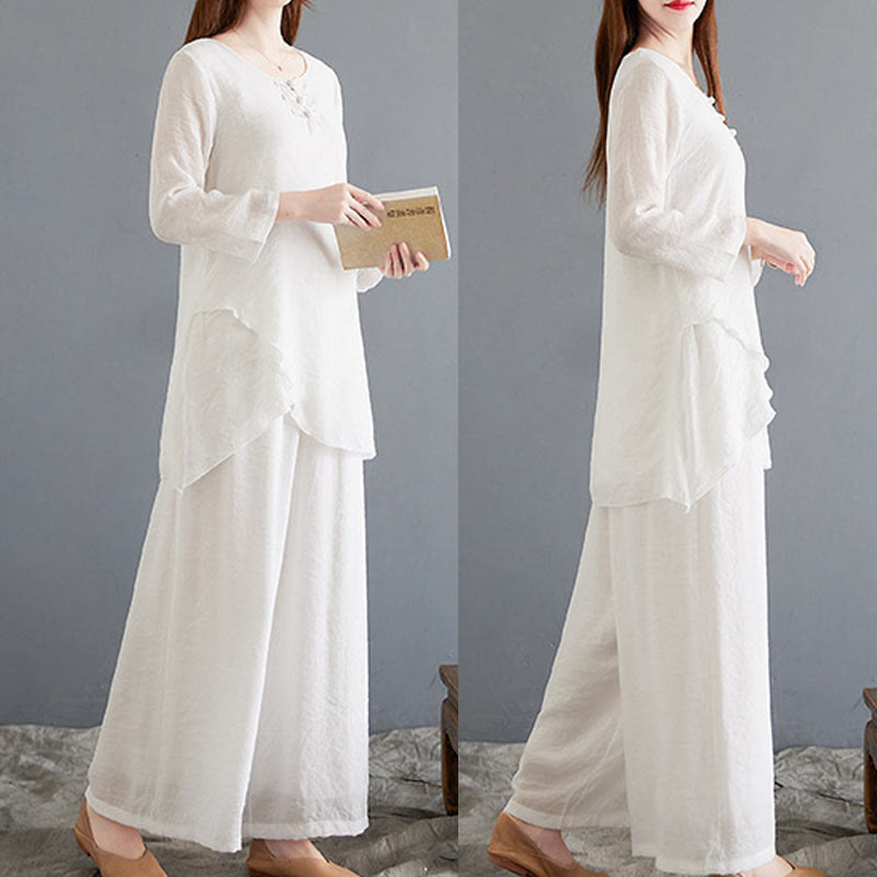 Set di 2 pezzi Buddha Stones, beige, con bottoni cinesi a forma di rana, camicia a maniche lunghe, pantaloni, meditazione, zen, Tai Chi, abbigliamento in cotone e lino, da donna
