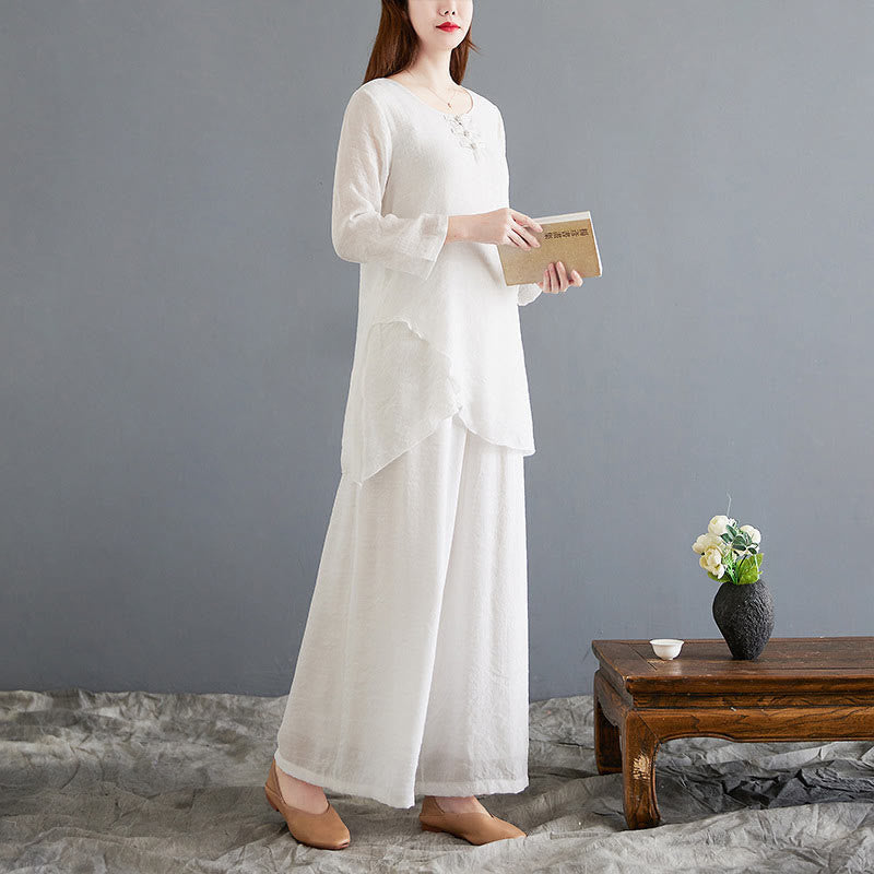 Set di 2 pezzi Buddha Stones, beige, con bottoni cinesi a forma di rana, camicia a maniche lunghe, pantaloni, meditazione, zen, Tai Chi, abbigliamento in cotone e lino, da donna