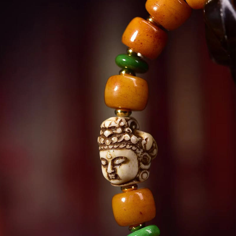 Braccialetto di protezione dalla fortuna con testa di Buddha, perline di osso di cammello tibetano naturale , Buddha Stones