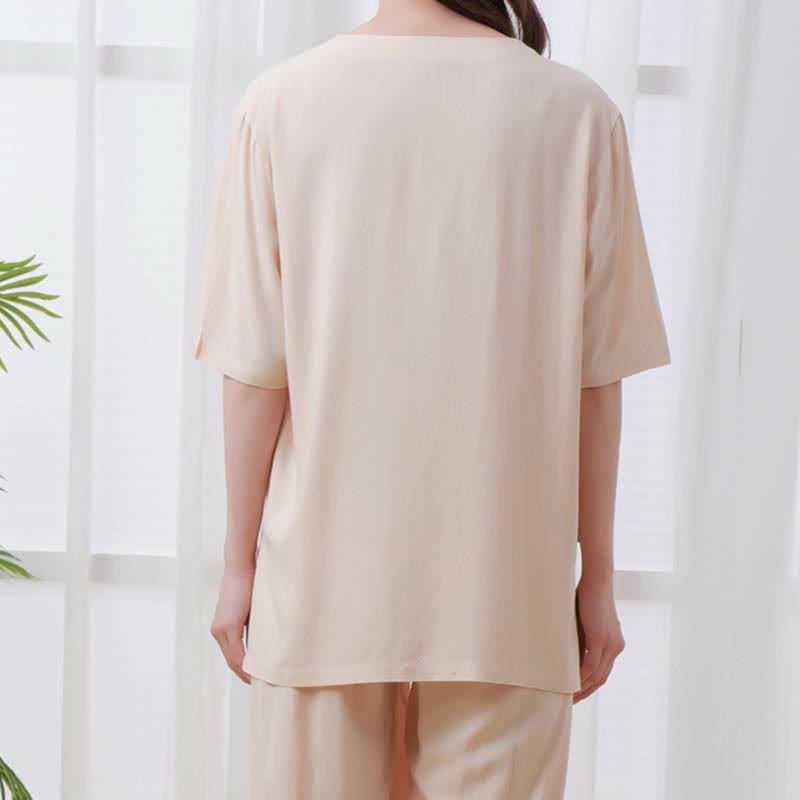 Set di 2 pezzi Buddha Stones, tinta unita, con bottoni a rana, design semplice, girocollo, mezza manica, pantaloni con elastico in vita, meditazione, zen, tai chi, abbigliamento in cotone da donna