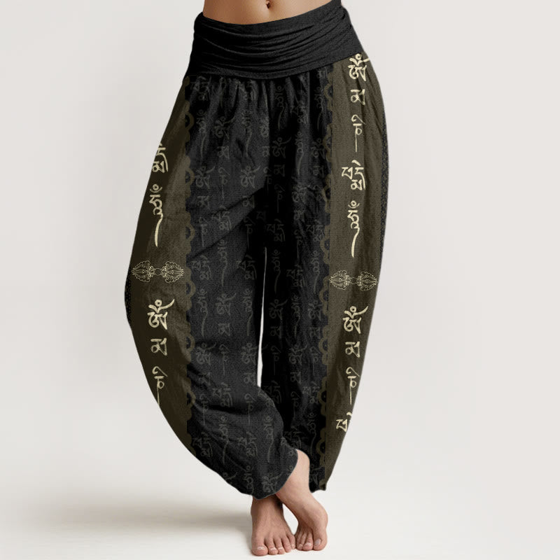 Pantaloni harem da donna con elastico in vita e motivo Buddha Stones Om Mani Padme Hum - Nero - US22, UK/AU26, EU54 (6XL) - image 1