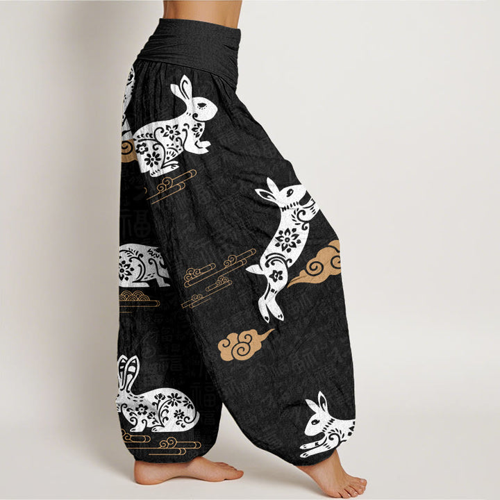 Pantaloni harem da donna con elastico in vita e motivo a nuvola di buon auspicio con coniglio bianco Buddha Stones - image 3