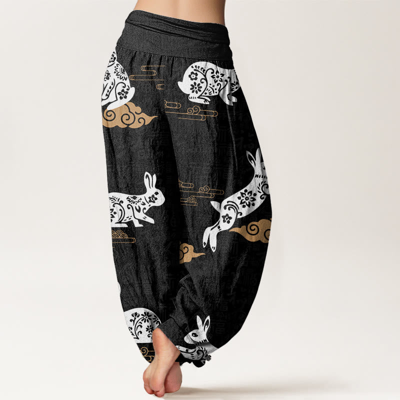 Pantaloni harem da donna con elastico in vita e motivo a nuvola di buon auspicio con coniglio bianco Buddha Stones - image 2