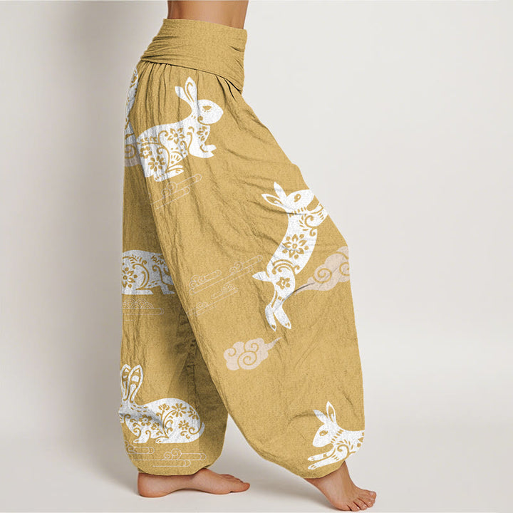 Pantaloni harem da donna con elastico in vita e motivo a nuvola di buon auspicio con coniglio bianco Buddha Stones - image 7