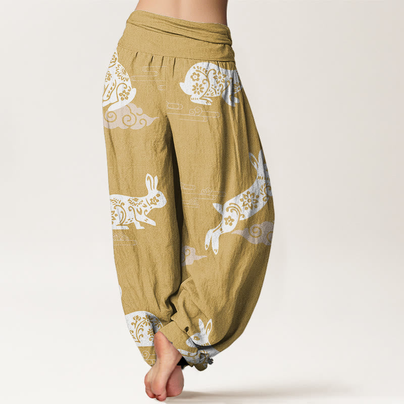 Pantaloni harem da donna con elastico in vita e motivo a nuvola di buon auspicio con coniglio bianco Buddha Stones - image 6