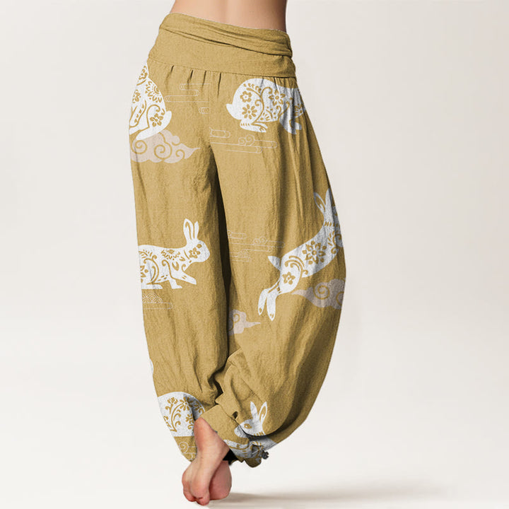 Pantaloni harem da donna con elastico in vita e motivo a nuvola di buon auspicio con coniglio bianco Buddha Stones - image 6