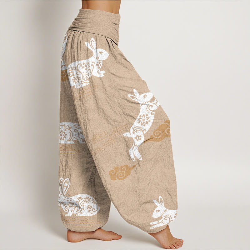 Pantaloni harem da donna con elastico in vita e motivo a nuvola di buon auspicio con coniglio bianco Buddha Stones - image 10