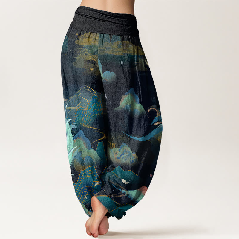 Pantaloni harem da donna con elastico in vita e motivo a nuvola e montagna di fenice con Buddha Stones - image 2