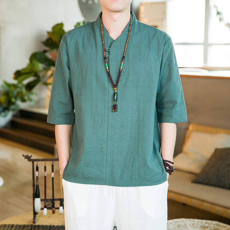 Camicia da uomo in cotone con maniche a tre quarti, modello Buddha Stones, estiva, vintage, tinta unita, con bottoni a rana - image 1