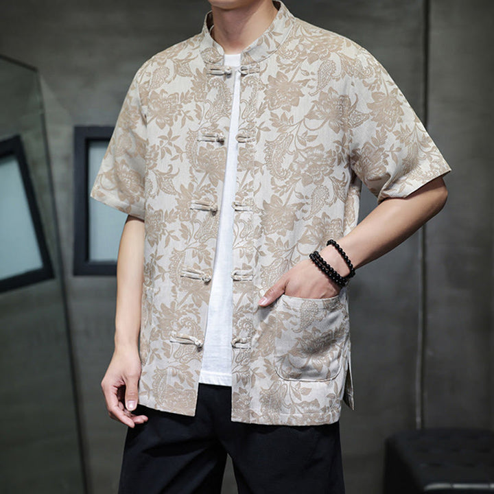 Cardigan da uomo in cotone con tasche, motivo floreale, motivo paisley, motivo a rana, motivo casual , Buddha Stones