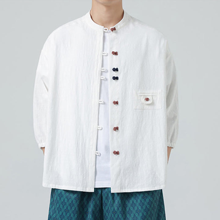 Cardigan da uomo in cotone con maniche a tre quarti, con tasca e bottoni a rana, con colletto rialzato, estivo, Buddha Stones