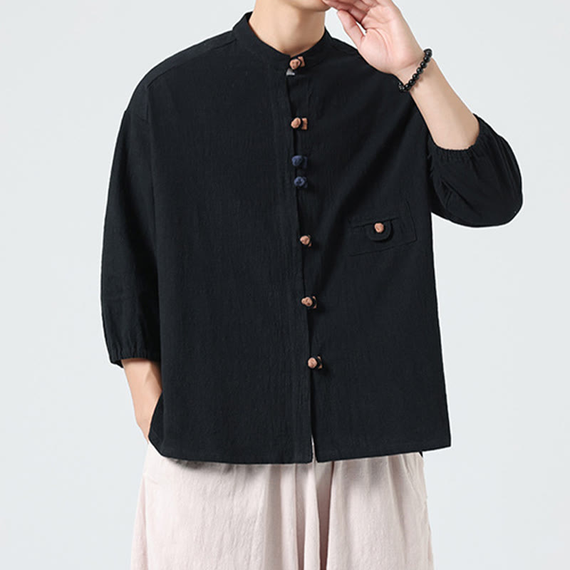Cardigan da uomo in cotone con maniche a tre quarti, con tasca e bottoni a rana, con colletto rialzato, estivo, Buddha Stones