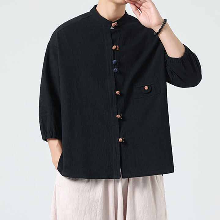 Cardigan da uomo in cotone con maniche a tre quarti, con tasca e bottoni a rana, con colletto rialzato, estivo, Buddha Stones