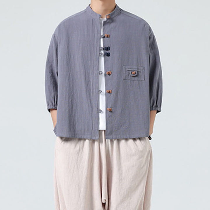 Cardigan da uomo in cotone con maniche a tre quarti, con tasca e bottoni a rana, con colletto rialzato, estivo, Buddha Stones