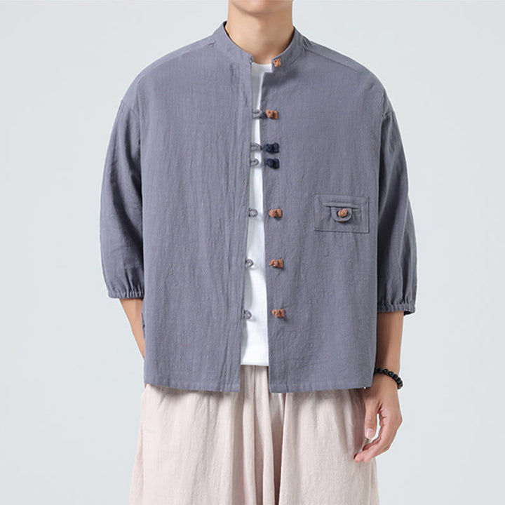 Cardigan da uomo in cotone con maniche a tre quarti, con tasca e bottoni a rana, con colletto rialzato, estivo, Buddha Stones