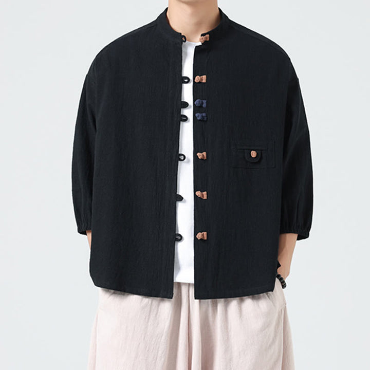 Cardigan da uomo in cotone con maniche a tre quarti, con tasca e bottoni a rana, con colletto rialzato, estivo, Buddha Stones