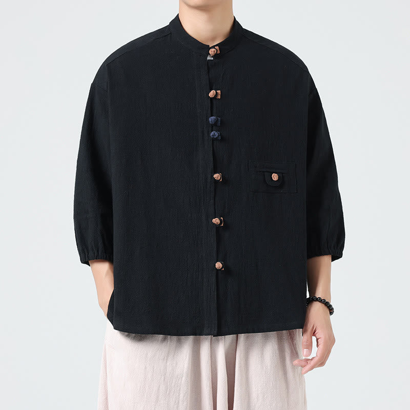 Cardigan da uomo in cotone con maniche a tre quarti, con tasca e bottoni a rana, con colletto rialzato, estivo, Buddha Stones