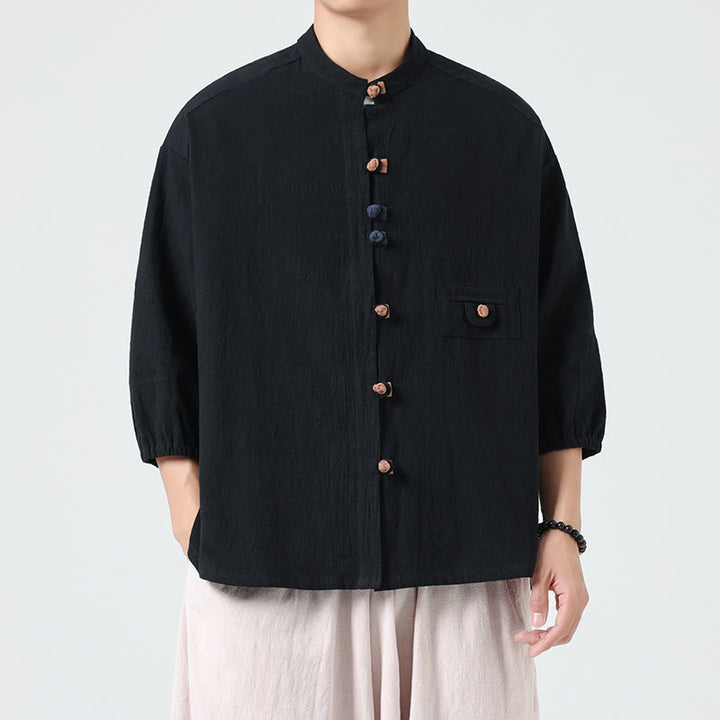 Cardigan da uomo in cotone con maniche a tre quarti, con tasca e bottoni a rana, con colletto rialzato, estivo, Buddha Stones