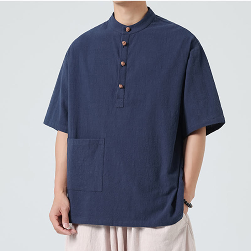 Camicia da uomo in cotone a mezza manica con tasca, modello Buddha Stones Casual, con colletto alla coreana e bottoni a mezza rana