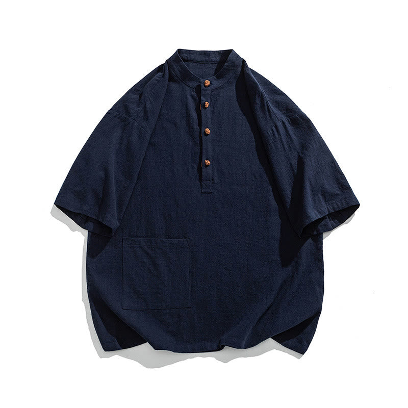 Camicia da uomo in cotone a mezza manica con tasca, modello Buddha Stones Casual, con colletto alla coreana e bottoni a mezza rana