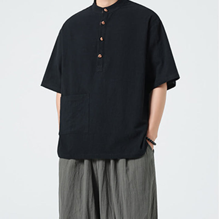 Camicia da uomo in cotone a mezza manica con tasca, modello Buddha Stones Casual, con colletto alla coreana e bottoni a mezza rana