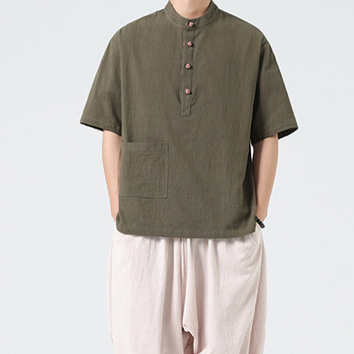 Camicia da uomo in cotone a mezza manica con tasca, modello Buddha Stones Casual, con colletto alla coreana e bottoni a mezza rana