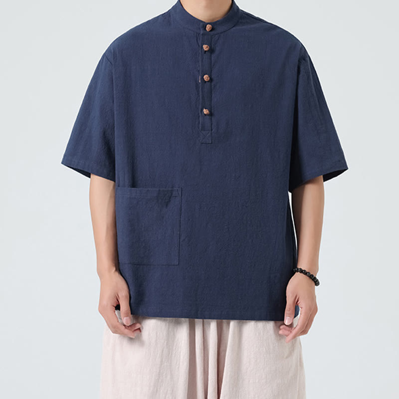 Camicia da uomo in cotone a mezza manica con tasca, modello Buddha Stones Casual, con colletto alla coreana e bottoni a mezza rana