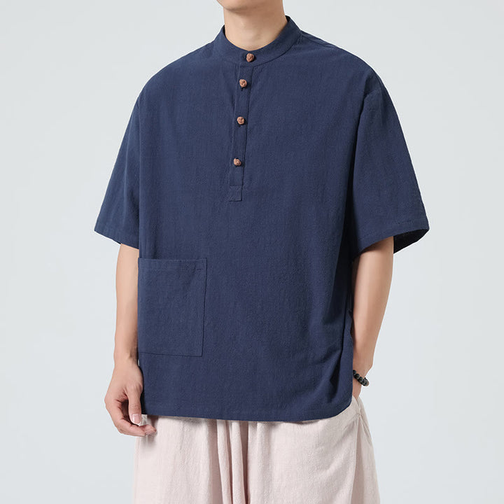 Camicia da uomo in cotone a mezza manica con tasca, modello Buddha Stones Casual, con colletto alla coreana e bottoni a mezza rana