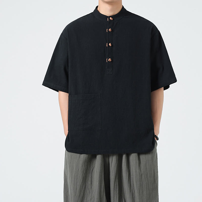 Camicia da uomo in cotone a mezza manica con tasca, modello Buddha Stones Casual, con colletto alla coreana e bottoni a mezza rana