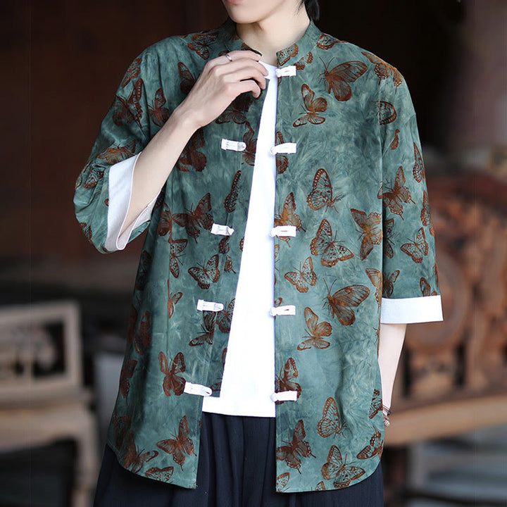 Cardigan da uomo in cotone con maniche a tre quarti, collo alto, motivo a farfalla in jacquard con Buddha Stones e bottoni a rana bianchi