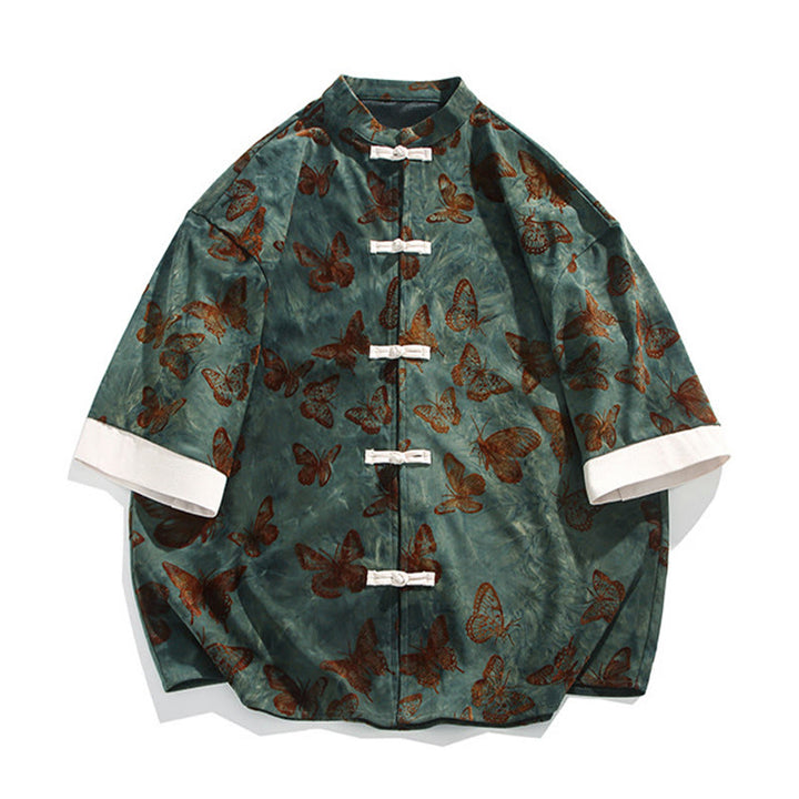 Cardigan da uomo in cotone con maniche a tre quarti, collo alto, motivo a farfalla in jacquard con Buddha Stones e bottoni a rana bianchi