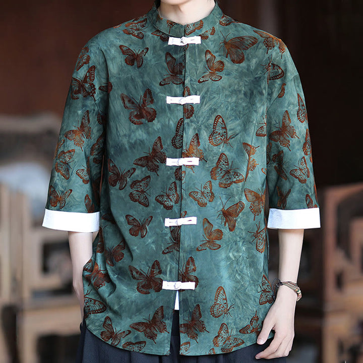 Cardigan da uomo in cotone con maniche a tre quarti, collo alto, motivo a farfalla in jacquard con Buddha Stones e bottoni a rana bianchi