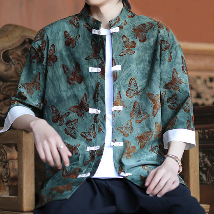 Cardigan da uomo in cotone con maniche a tre quarti, collo alto, motivo a farfalla in jacquard con Buddha Stones e bottoni a rana bianchi