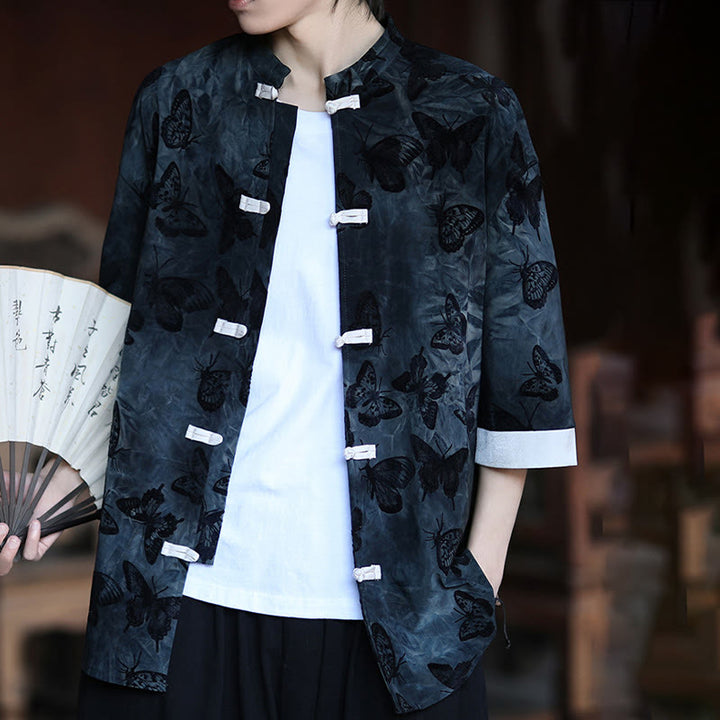 Cardigan da uomo in cotone con maniche a tre quarti, collo alto, motivo a farfalla in jacquard con Buddha Stones e bottoni a rana bianchi