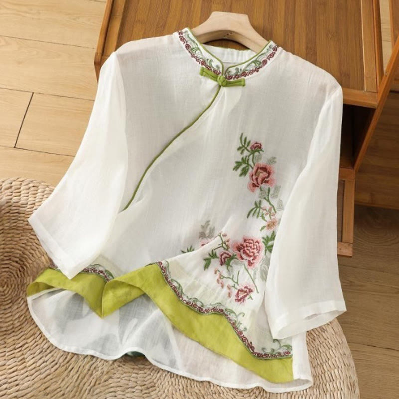 Camicia da donna in cotone e lino con maniche a tre quarti, in tinta unita, in stile etnico estivo Buddha Stones, motivo floreale e bottoni a rana - Bianco - US8-10, UK/AU12-14, EU40-42 (2XL) - image 0