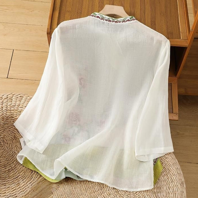 Camicia da donna in cotone e lino con maniche a tre quarti, in tinta unita, in stile etnico estivo Buddha Stones, motivo floreale e bottoni a rana - image 1