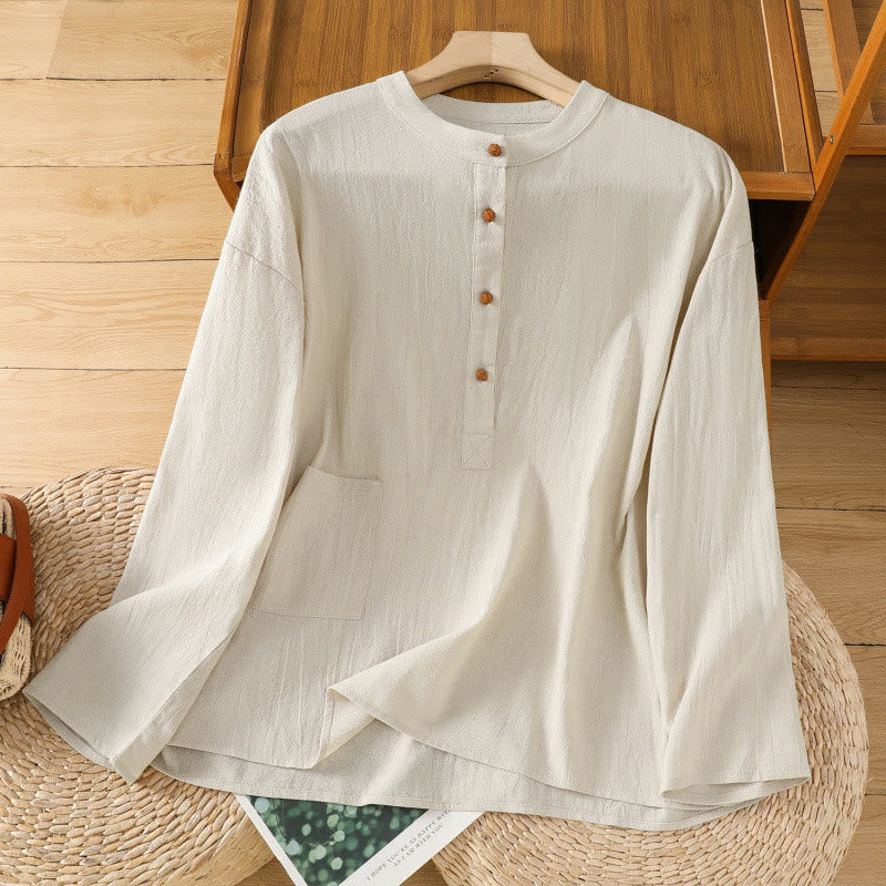 Camicia da donna in cotone e lino a maniche corte con tasca, Buddha Stones, casual, estiva, colore puro, con bottoni a metà, design semplice - Giallo chiaro - US12, UK/AU16, EU44 (2XL) - image 0