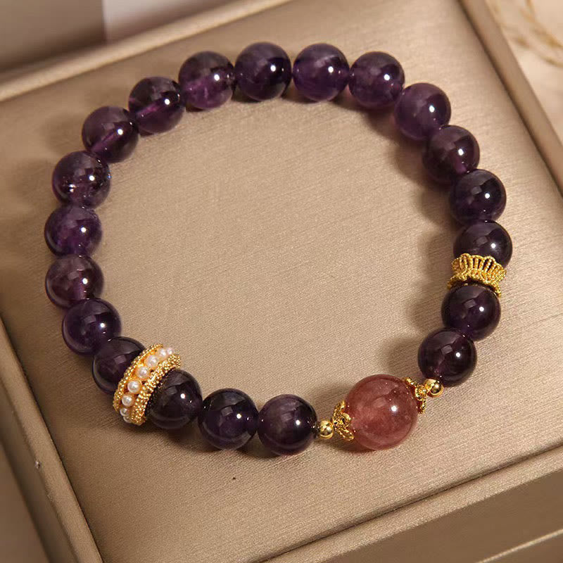 Bracciale della pace con perle di quarzo fragola fortunato, ametista naturale di Buddha Stones