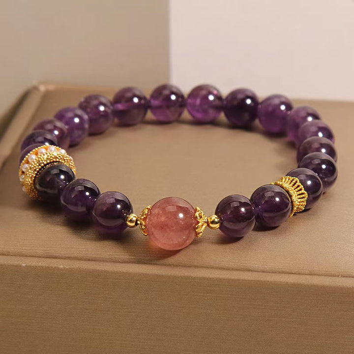 Bracciale della pace con perle di quarzo fragola fortunato, ametista naturale di Buddha Stones