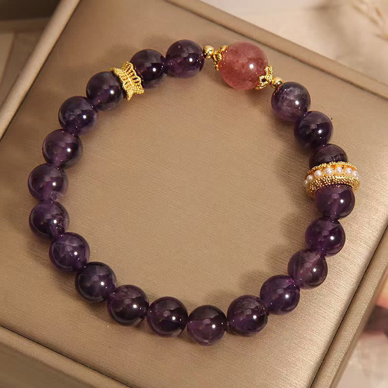 Bracciale della pace con perle di quarzo fragola fortunato, ametista naturale di Buddha Stones
