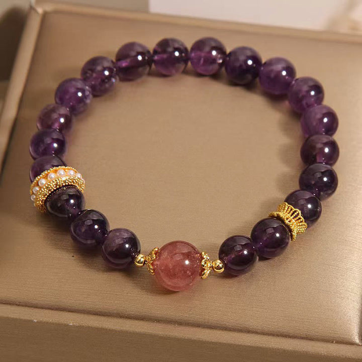 Bracciale della pace con perle di quarzo fragola fortunato, ametista naturale di Buddha Stones