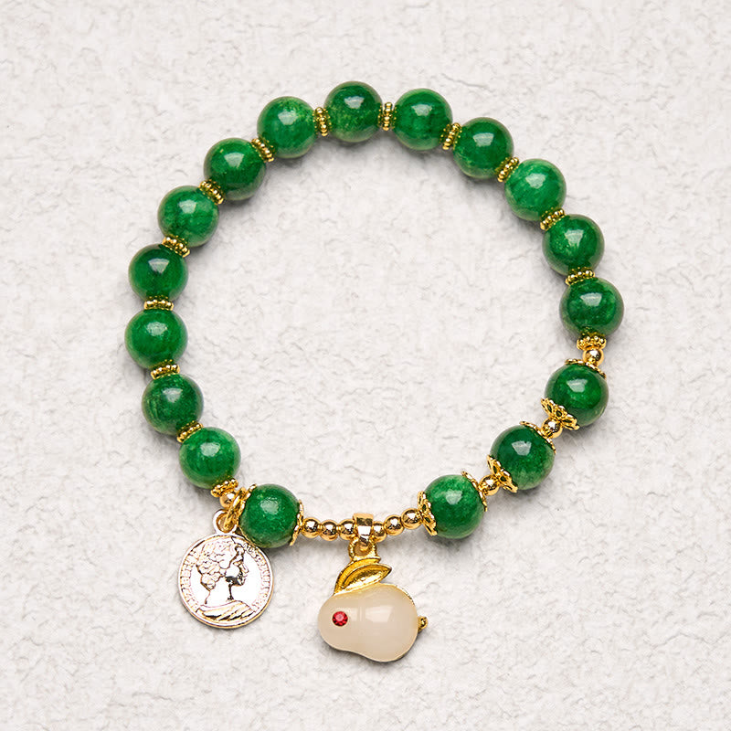 Bracciale Buddha Stones con ciondolo a forma di coniglio in calcite verde e chiarezza
