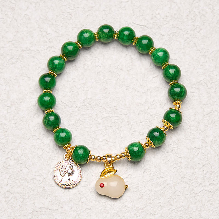 Bracciale Buddha Stones con ciondolo a forma di coniglio in calcite verde e chiarezza